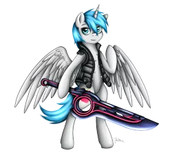 Size: 1800x1600 | Tagged: safe, artist:puggie, derpibooru import, oc, alicorn, pony, alicorn oc, bipedal, clothes, crossover, horn, i'm really feeling it, monado, proud, shulk, simple background, solo, sword, transparent background, weapon, wings, xenoblade chronicles