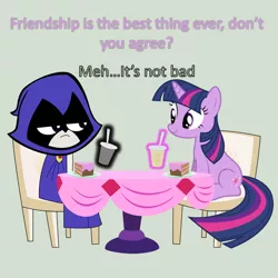 Size: 800x800 | Tagged: cake, crossover, derpibooru import, dialogue, drink, food, raven (teen titans), safe, tara strong, teen titans go, twilight sparkle, voice actor joke