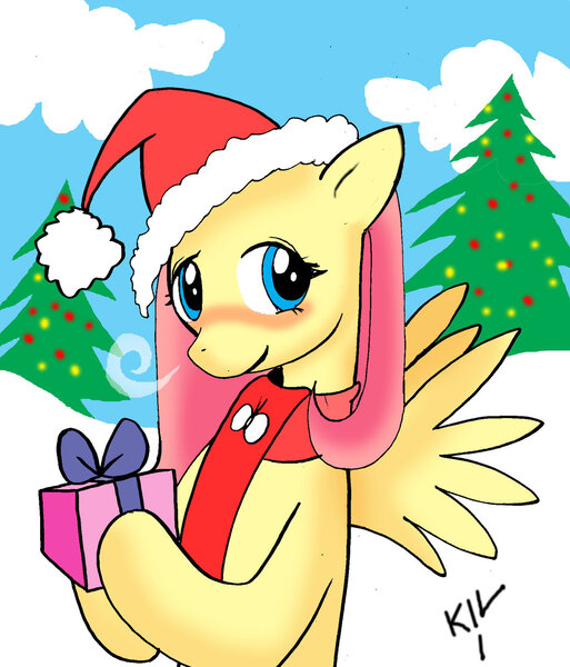 Size: 1024x1198 | Tagged: safe, artist:koku-chan, derpibooru import, fluttershy, blushing, christmas, christmas lights, christmas tree, clothes, cloud, hat, hearth's warming eve, holiday, present, remake, santa hat, scarf, signature, snow, solo, tree