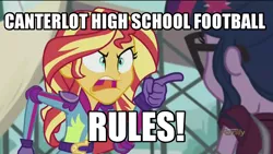 Size: 1280x720 | Tagged: safe, derpibooru import, edit, edited screencap, screencap, sci-twi, sunset shimmer, twilight sparkle, equestria girls, friendship games, angry, bill and ted's excellent adventure, caption, exploitable meme, image macro, meme, sunset yells at twilight, text