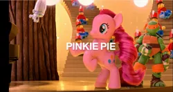 Size: 1351x721 | Tagged: safe, derpibooru import, screencap, pinkie pie, pony, brushable, commercial, guy diamond, irl, lego, michelangelo, photo, pony reference, rearing, target (store), teenage mutant ninja turtles, text, the toycracker, toy, toy soldier, trolls, youtube link