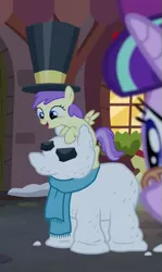 Size: 317x531 | Tagged: safe, derpibooru import, screencap, alula, snowfall frost, starlight glimmer, pony, a hearth's warming tail, awwlula, cropped, hat, snow, snowman