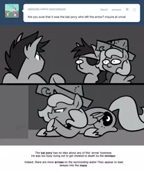 Size: 666x800 | Tagged: safe, artist:egophiliac, derpibooru import, princess luna, oc, oc:frolicsome meadowlark, oc:sunshine smiles (egophiliac), bat pony, pony, moonstuck, cartographer's cap, eyepatch, female, filly, grayscale, hat, monochrome, woona, woonoggles, younger