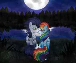 Size: 1024x843 | Tagged: safe, artist:northlights8, derpibooru import, rainbow dash, soarin', pony, blushing, colored wings, colored wingtips, female, forest, lake, male, moon, night, shipping, soarindash, straight, wings