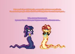 Size: 720x527 | Tagged: safe, artist:verve, derpibooru import, sci-twi, sunset shimmer, twilight sparkle, genie, lamia, original species, ain't never had friends like us, equestria girls, ask, pixel art, transformation, tumblr, twilamia, twinaga