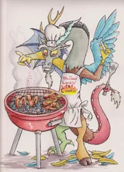 Size: 800x1102 | Tagged: apron, artist:the-wizard-of-art, barbeque, chef's hat, clothes, cooking, cooking vore, dead, derpibooru import, discord, fetish, food, grill, hat, implied cannibalism, implied death, implied fluttershy, implied rainbow dash, implied rarity, implied twilight sparkle, implied vore, pony as food, semi-grimdark, solo, traditional art, wings