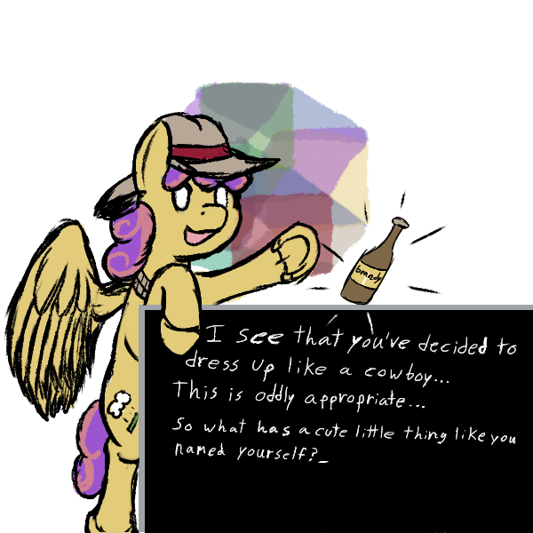 Size: 600x600 | Tagged: safe, artist:thebathwaterhero, derpibooru import, oc, oc:brandy byte, unofficial characters only, pegasus, pony, cyoa:semantic error, artificial intelligence, brandy (drink), cyberpunk, cyoa, female, hat, mare, solo, text