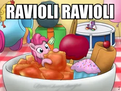 Size: 960x720 | Tagged: safe, artist:mkogwheel, derpibooru import, boneless, pinkie pie, ponyacci, tom, balloon, candy apples (food), caption, chimicherrychanga, christmas, cupcake, drums, eating, food, heart eyes, holiday, image macro, it's a pony kind of christmas, meme, micro, musical instrument, nom, party cannon, ponies in food, ravioli, rock, rubber chicken, solo, streamers, text, wingding eyes