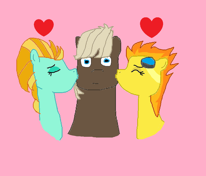 Size: 821x700 | Tagged: :|, artist:jwwprod, derpibooru import, dumbbell, dumbbell gets all the mares, dumbfire, eyes closed, female, heart, kissing, kiss on the cheek, kiss sandwich, lightningbell, lightning dust, lucky bastard, male, ms paint, ot3, safe, shipping, spitfire, straight, surprised, surprise kiss
