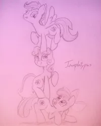 Size: 1024x1280 | Tagged: apple bloom, artist:imaplatypus, cutie mark, cutie mark crusaders, derpibooru import, looking at each other, pony pile, safe, scootaloo, sweetie belle, the cmc's cutie marks, tower of pony, traditional art, trio