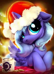 Size: 2000x2743 | Tagged: safe, artist:imalou, derpibooru import, princess luna, alicorn, pony, chocolate, christmas, cup, cute, drink, female, food, gingerbread (food), hat, hnnng, holiday, hot chocolate, looking at you, lunabetes, mare, marshmallow, mug, s1 luna, santa hat, solo, sweet dreams fuel, weapons-grade cute