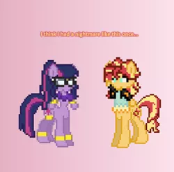 Size: 504x496 | Tagged: safe, artist:verve, derpibooru import, sci-twi, sunset shimmer, twilight sparkle, centaur, genie, ain't never had friends like us, equestria girls, ask, centaurified, jewelry, pixel art, simple background, transformation, tumblr