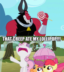 Size: 720x810 | Tagged: abuse, animated, apple bloom, candy, caption, crying, cutie mark crusaders, daimando is going to hell, derpibooru import, diabetes prevention, eating, edit, edited screencap, food, gif, lollipop, lord tirek, ocular gushers, one bad apple, pure unfiltered evil, safe, scootaloo, scorpan's necklace, screencap, sweetie belle, sweetiebuse, twilight's kingdom, umbrella, what a jerk