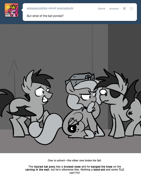 Size: 666x851 | Tagged: safe, artist:egophiliac, derpibooru import, princess luna, oc, oc:frolicsome meadowlark, oc:sunshine smiles (egophiliac), bat pony, pony, moonstuck, bruised, cartographer's nursing cap, eyepatch, female, filly, grayscale, hat, monochrome, woona, younger