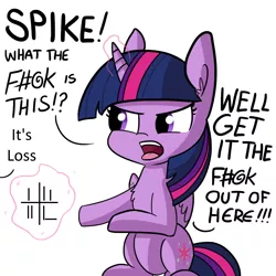 Size: 1080x1080 | Tagged: safe, artist:tjpones, derpibooru import, edit, twilight sparkle, twilight sparkle (alicorn), alicorn, pony, angry, cute, exploitable meme, get it the f#@k out of here, implied spike, loss (meme), magic, meme, offscreen character, open mouth, simple background, sitting, solo, vulgar, white background