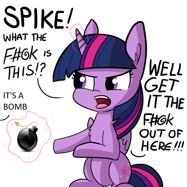 Size: 1080x1080 | Tagged: safe, artist:tjpones, derpibooru import, edit, twilight sparkle, twilight sparkle (alicorn), alicorn, pony, angry, bomb, cute, exploitable meme, get it the f#@k out of here, implied spike, magic, meme, offscreen character, open mouth, simple background, sitting, solo, vulgar, weapon, white background
