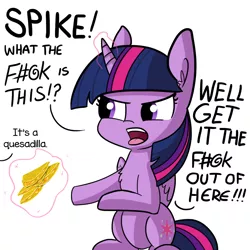 Size: 1080x1080 | Tagged: safe, artist:tjpones, derpibooru import, edit, twilight sparkle, twilight sparkle (alicorn), alicorn, pony, angry, censored vulgarity, cute, dialogue, exploitable meme, food, get it the f#@k out of here, grawlixes, implied spike, magic, meme, offscreen character, open mouth, quesadilla, simple background, sitting, solo, they're just so cheesy, twiabetes, vulgar, white background
