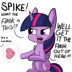 Size: 1080x1080 | Tagged: safe, artist:tjpones, derpibooru import, edit, twilight sparkle, twilight sparkle (alicorn), alicorn, luvdisc, pony, angry, censored vulgarity, cute, dialogue, exploitable meme, get it the f#@k out of here, grawlixes, implied spike, magic, meme, offscreen character, open mouth, pokémon, simple background, sitting, solo, twiabetes, vulgar, white background