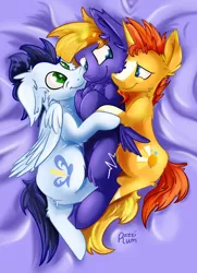 Size: 1280x1770 | Tagged: suggestive, artist:razzirum, derpibooru import, soarin', sunburst, oc, oc:cloud quake, pegasus, pony, cuddling, gay, hug, male, nuzzling, snuggling, stallion