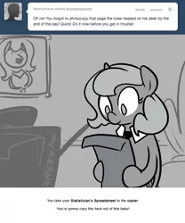 Size: 666x800 | Tagged: artist:egophiliac, ask, average woona, comic, derpibooru import, female, filly, grayscale, monochrome, moonstuck, oc, oc:tim (egophiliac), princess luna, safe, solo, tim, tumblr, woona, younger