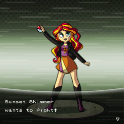 Size: 500x500 | Tagged: safe, artist:goobermation, derpibooru import, sunset shimmer, equestria girls, animated, caption, gif, gif with captions, pokémon, solo