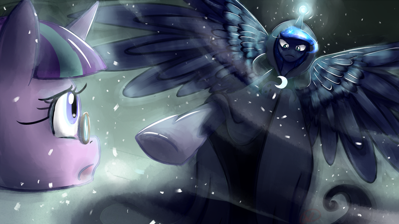 Size: 1200x675 | Tagged: a hearth's warming tail, artist:ryuredwings, derpibooru import, luna's future, magic, painting, princess luna, safe, scene interpretation, snowfall frost, spirit of hearth's warming yet to come, starlight glimmer