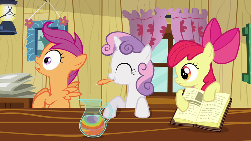 Size: 1280x720 | Tagged: safe, derpibooru import, screencap, apple bloom, scootaloo, sweetie belle, pony, hearts and hooves day (episode), book, clubhouse, crusaders clubhouse, cutie mark crusaders, feather, hearts and hooves day, lantern, plucking, reaction, trio, window