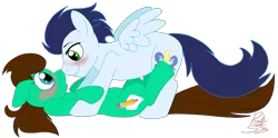 Size: 1764x877 | Tagged: suggestive, artist:hufflepuffrave, derpibooru import, soarin', oc, oc:pencil sketch, pony, blushing, canon x oc, on back, shipping, simple background, surprised, transparent background