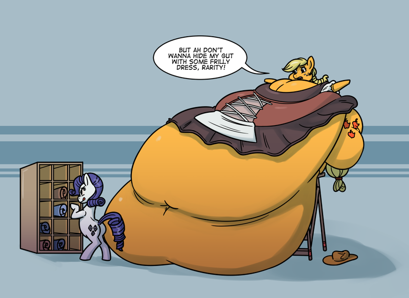 Size: 1095x800 | Tagged: applebutt, applefat, applejack, applejack's hat, artist:bonusart, belly, big belly, butt, chubby cheeks, clothes, cowboy hat, derpibooru import, dialogue, dress, fabric, fat, hat, huge belly, immobile, impossibly large belly, impossibly obese, ladder, morbidly obese, obese, plot, questionable, rarity