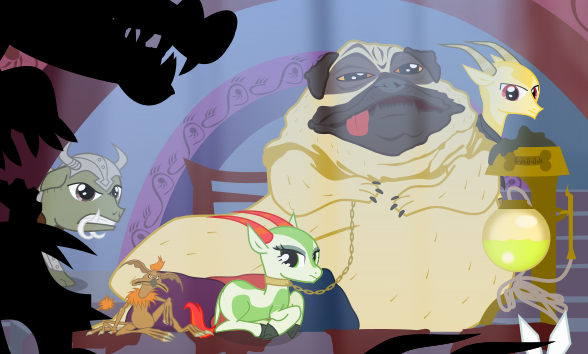 Size: 588x354 | Tagged: artist:christhes, bib fortuna, boar, chains, collar, crocodile, cropped, derpibooru import, dog, gamorrean guard, gazelle, goat, hutt, jabba's palace, jabba the hutt, leash, oola, pig, pug, safe, salacious crumb, sex slave, slave, star mares, star wars, throne, topi