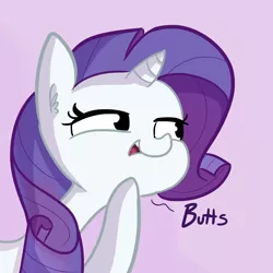 Size: 1280x1280 | Tagged: safe, artist:tjpones, derpibooru import, rarity, pony, unicorn, butts, dialogue, ear fluff, funny, gradient background, index get, lewd, noblewoman's laugh, open mouth, purple background, simple background, smiling, smug, solo, uncouth
