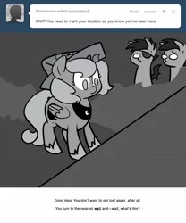 Size: 666x800 | Tagged: safe, artist:egophiliac, derpibooru import, princess luna, oc, oc:frolicsome meadowlark, oc:sunshine smiles (egophiliac), bat pony, pony, moonstuck, cartographer's cap, eyepatch, female, filly, grayscale, hat, monochrome, woona, woonoggles, younger