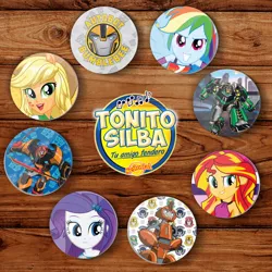 Size: 960x960 | Tagged: safe, derpibooru import, applejack, rainbow dash, rarity, sunset shimmer, equestria girls, clash of hasbro's titans, guatemala, irl, photo, pogs, transformers, transformers:robots in disguise