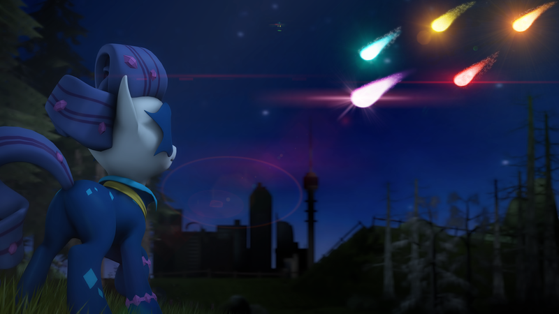 Size: 1920x1080 | Tagged: 3d, artist:redaceofspades, burning bright, city, clothes, colored, costume, derpibooru import, looking up, night, poster, power ponies, power ponies (episode), radiance, rarity, reference, safe, shooting star, solo, source filmmaker