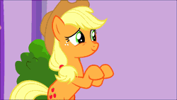 Size: 1000x563 | Tagged: safe, derpibooru import, edit, edited screencap, screencap, applejack, earth pony, pony, applejack's "day" off, air quotes, animated, bipedal, cowboy hat, female, frufru, gif, hat, implying, mare, ponyville spa, smiling, solo, stetson