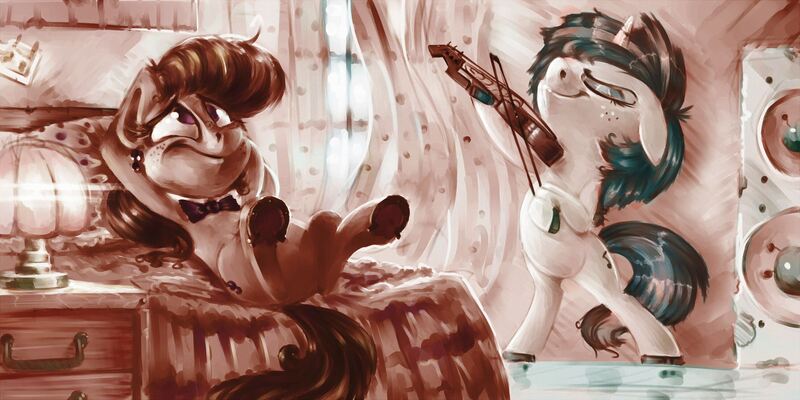 Size: 3000x1500 | Tagged: safe, artist:v747, derpibooru import, octavia melody, vinyl scratch, pony, armpits, bed, bipedal, bow (instrument), freckles, horseshoes, musical instrument, on back, playing, smiling, underhoof, violin