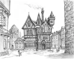 Size: 1500x1197 | Tagged: safe, artist:baron engel, derpibooru import, pony, a hearth's warming tail, architecture, grayscale, house, monochrome, pencil drawing, scenery, scenery porn, simple background, snow, snowfall frost's house, traditional art, white background