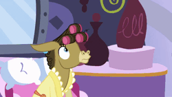 Size: 480x270 | Tagged: safe, artist:wissle, derpibooru import, edit, edited screencap, screencap, lotus blossom, matilda, steven magnet, earth pony, hybrid, mule, pony, slice of life (episode), animated, boop, female, finger, food, gif, mare, parody, pie, raised eyebrow, scene parody, smiling, smirk, solo, sound at source, spa, this will end in tears, youtube link