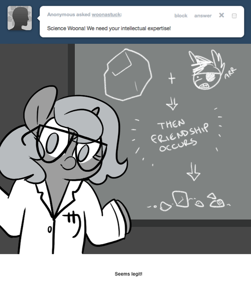 Size: 666x800 | Tagged: artist:egophiliac, chalkboard, clothes, derpibooru import, eyepatch, female, filly, glasses, grayscale, lab coat, logic, monochrome, moonstuck, oc, oc:sunshine smiles (egophiliac), princess luna, rock, safe, science woona, shrug, woona, younger