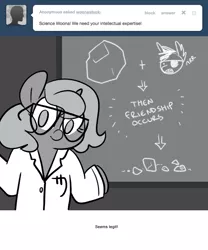 Size: 666x800 | Tagged: artist:egophiliac, chalkboard, clothes, derpibooru import, eyepatch, female, filly, glasses, grayscale, lab coat, logic, monochrome, moonstuck, oc, oc:sunshine smiles (egophiliac), princess luna, rock, safe, science woona, shrug, woona, younger