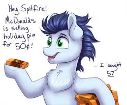 Size: 1109x914 | Tagged: safe, artist:confetticakez, derpibooru import, soarin', pony, adorkable, chest fluff, cute, dialogue, dork, food, implied spitfire, mcdonald's, pie, soarinbetes, solo, that pony sure does love pies, this will end in weight gain