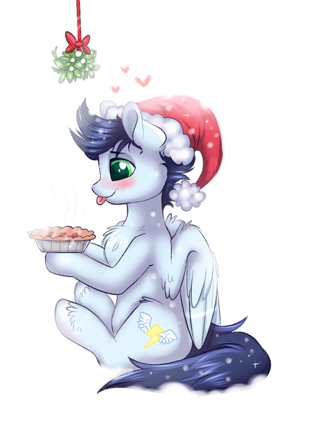 Size: 756x1000 | Tagged: safe, artist:confetticakez, derpibooru import, soarin', pony, blushing, christmas, food, hat, heart, holiday, mistletoe, old cutie mark, pie, santa hat, simple background, sitting, solo, that pony sure does love pies, tongue out, unshorn fetlocks