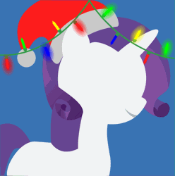 Size: 795x800 | Tagged: safe, artist:arifproject, derpibooru import, edit, part of a set, rarity, pony, unicorn, animated, arif's christmas pones, beautiful, blue background, christmas, christmas lights, cute, derpibooru background pony icon, female, garland, gif, happy, hat, holiday, horn, lights, lineless, mare, minimalist, modern art, santa hat, simple background, smiling, solo