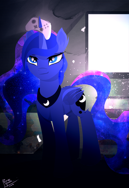 Size: 1250x1818 | Tagged: artist:pedrohander, controller, derpibooru import, gamer luna, princess luna, safe, smiling, smirk, solo, you're doing it wrong