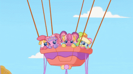 Size: 445x250 | Tagged: safe, derpibooru import, screencap, cheerilee (g3), pinkie pie (g3), rainbow dash (g3), starsong, toola roola, butterfly, pony, twinkle wish adventure, animated, g3.5, gif, hot air balloon, map, somewhere super new