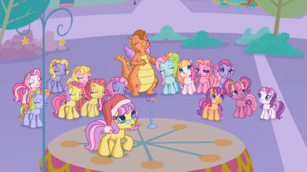 Size: 445x250 | Tagged: safe, derpibooru import, screencap, cheerilee (g3), mayor flitter flutter, pinkie pie (g3), rainbow dash (g3), scootaloo (g3), starsong, sweetie belle (g3), toola roola, whimsey weatherbe, dragon, pony, twinkle wish adventure, animated, core seven, g3.5, gif