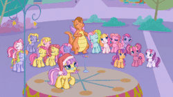 Size: 445x250 | Tagged: safe, derpibooru import, screencap, cheerilee (g3), mayor flitter flutter, pinkie pie (g3), rainbow dash (g3), scootaloo (g3), starsong, sweetie belle (g3), toola roola, whimsey weatherbe, dragon, pony, twinkle wish adventure, animated, core seven, g3.5, gif