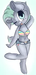 Size: 933x1920 | Tagged: safe, artist:wickedsilly, derpibooru import, oc, oc:kahuna, unofficial characters only, anthro, unguligrade anthro, ;p, belly button, bikini, bikini top, booty shorts, chibi, clothes, midriff, one eye closed, open fly, solo, swimsuit, tongue out