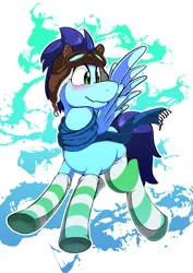 Size: 905x1280 | Tagged: safe, artist:theobrobine, derpibooru import, soarin', pony, aviator goggles, aviator hat, blushing, clothes, goggles, hat, scarf, socks, solo, spread wings, striped socks, wings