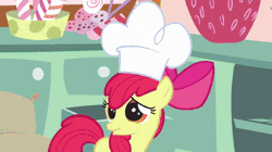 Size: 445x250 | Tagged: safe, derpibooru import, screencap, apple bloom, pinkie pie, pony, call of the cutie, animated, chef's hat, cupcake song, gif, hat